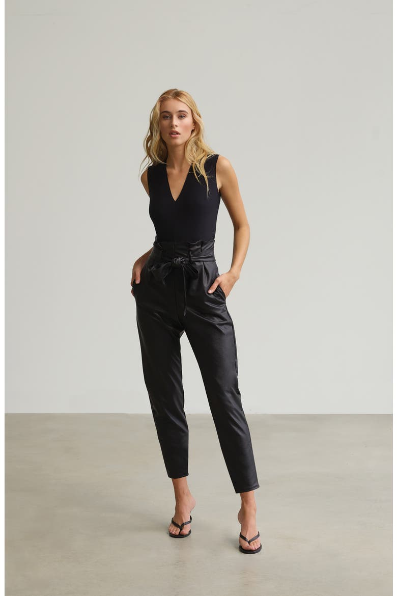 Paperbag Waist Faux Leather Crop Pants, Alternate, color, BLACK