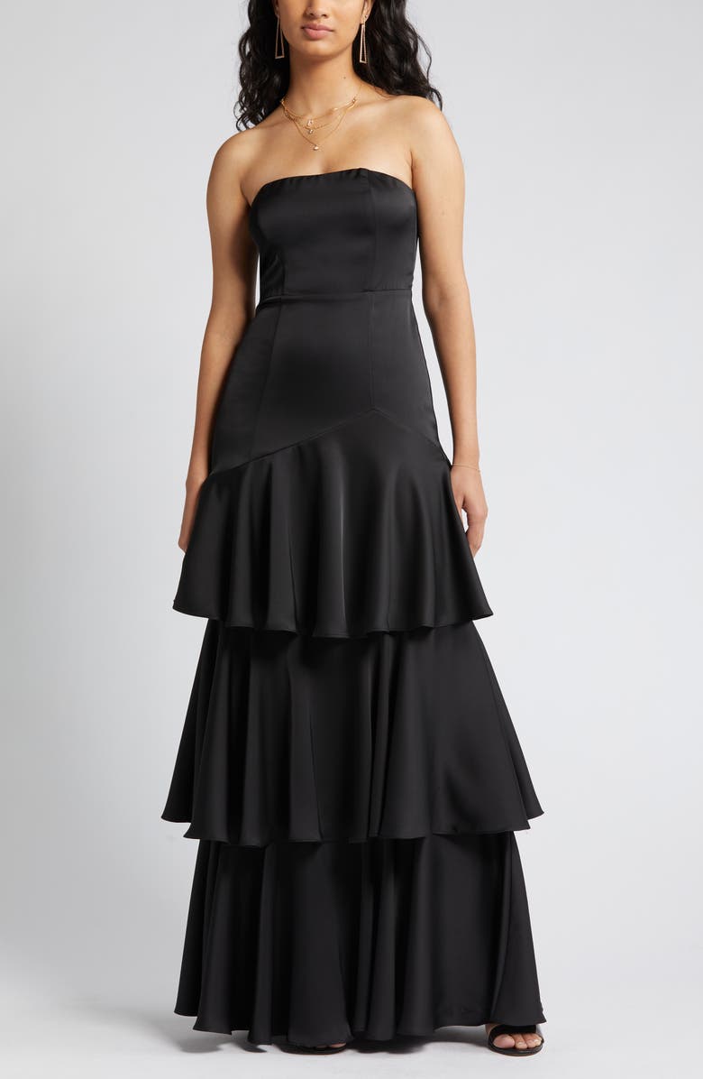 Lulus Blissfully Beautiful Strapless Tiered Satin Gown, Alternate, color, 