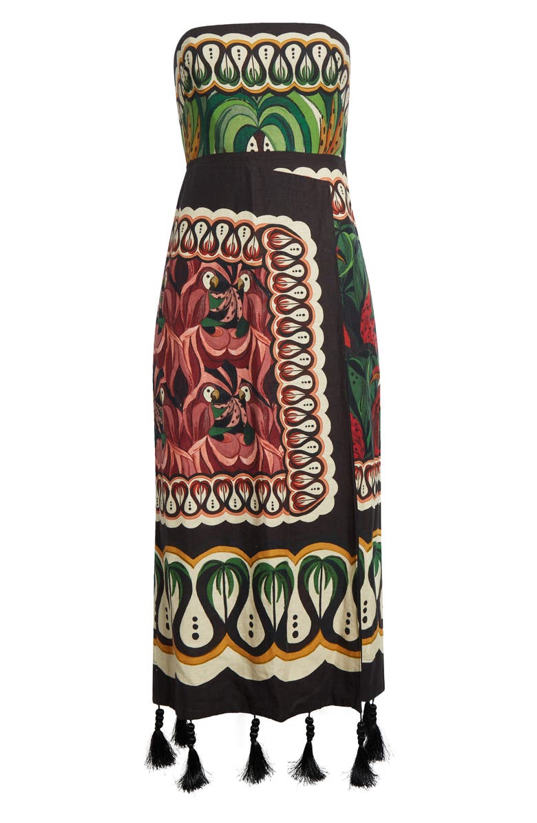 FARM Rio Coconut Tree Mixed Scarf Print Strapless Linen Blend Dress, Alternate, color, 