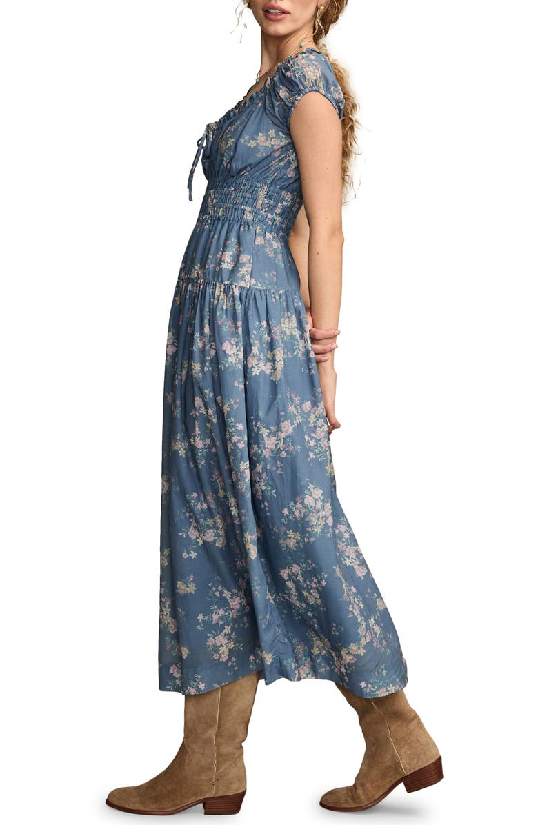 Lucky Brand Floral Smock Waist Cotton Blend Midi Dress, Alternate, color, 