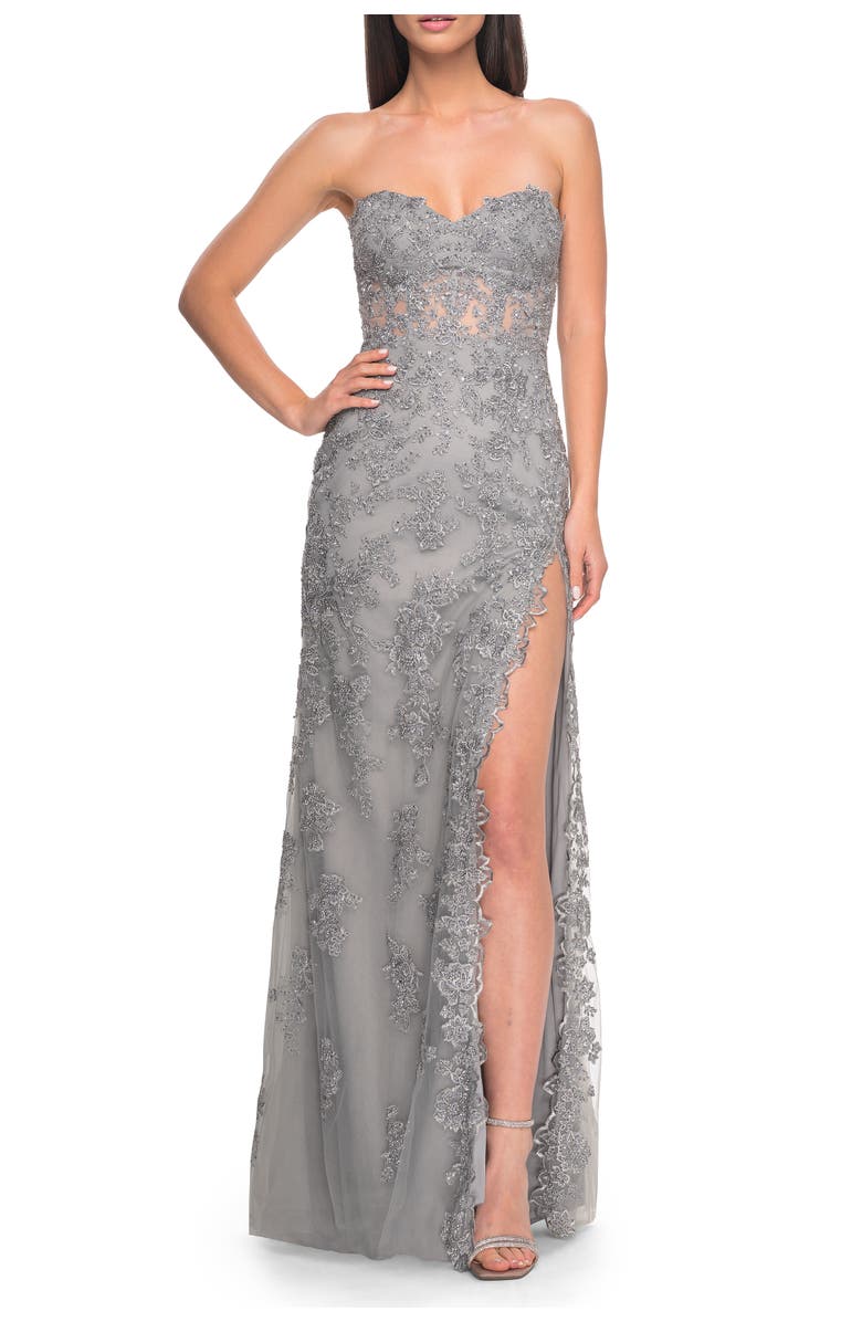 La Femme Embroidered Lace Fitted Prom Dress with Lace Edge Slit, Main, color, Silver