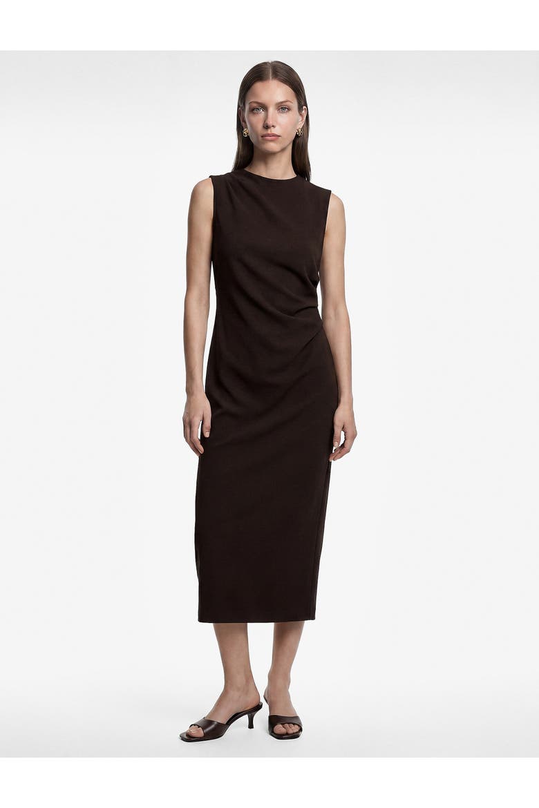 Draped Crew Neck Sleeveless Midi Dress, Main, color, BROWN