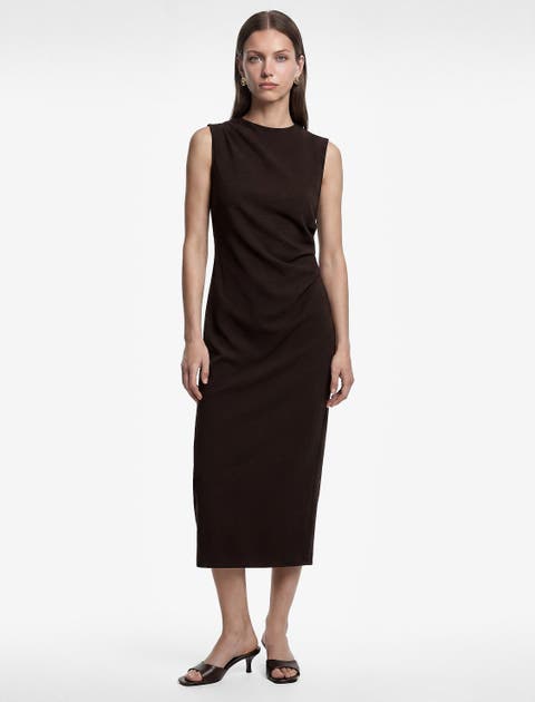 Draped Crew Neck Sleeveless Midi Dress