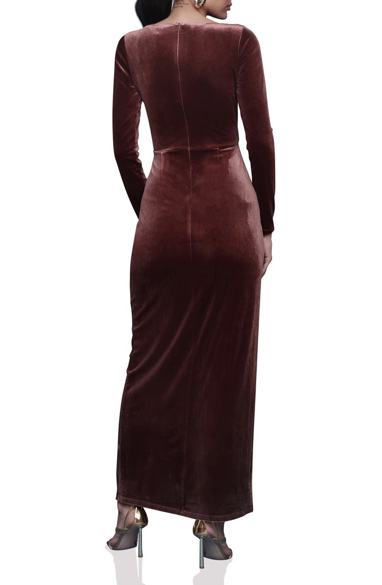 Avec Les Filles Pleated Cutout Long Sleeve Velvet Maxi Dress, Alternate, color, Chocolate Brown