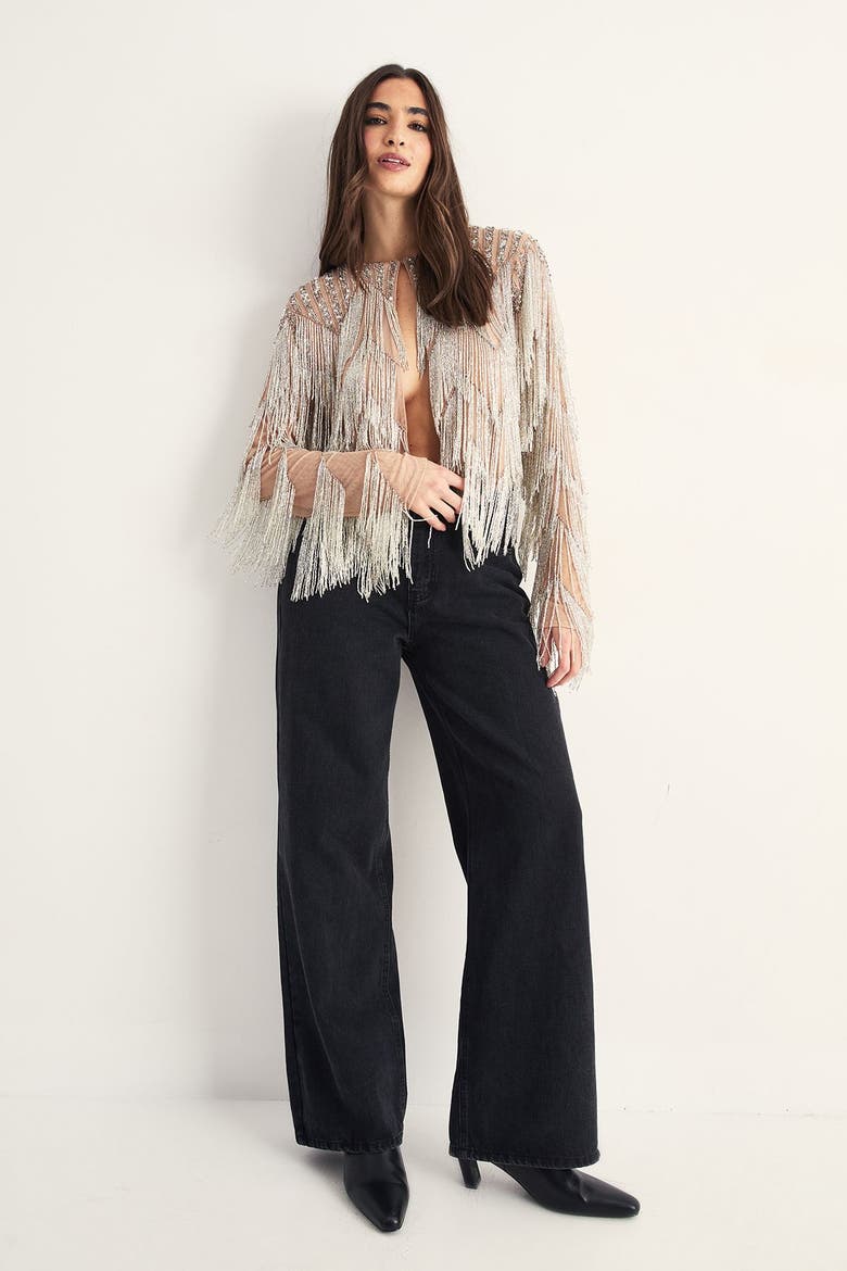 Embellished Tassel Zig Zag Jacket, Alternate, color, Silver