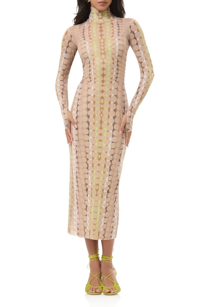 Shailene Turtleneck Long Sleeve Mesh Midi Dress, Main, color, TONAL DOT