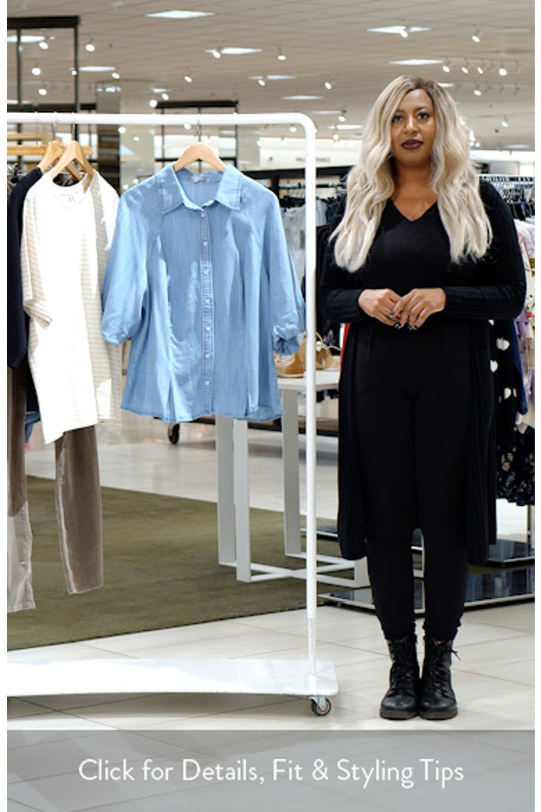 Bubble Sleeve Flare Button-Up Chambray Top video