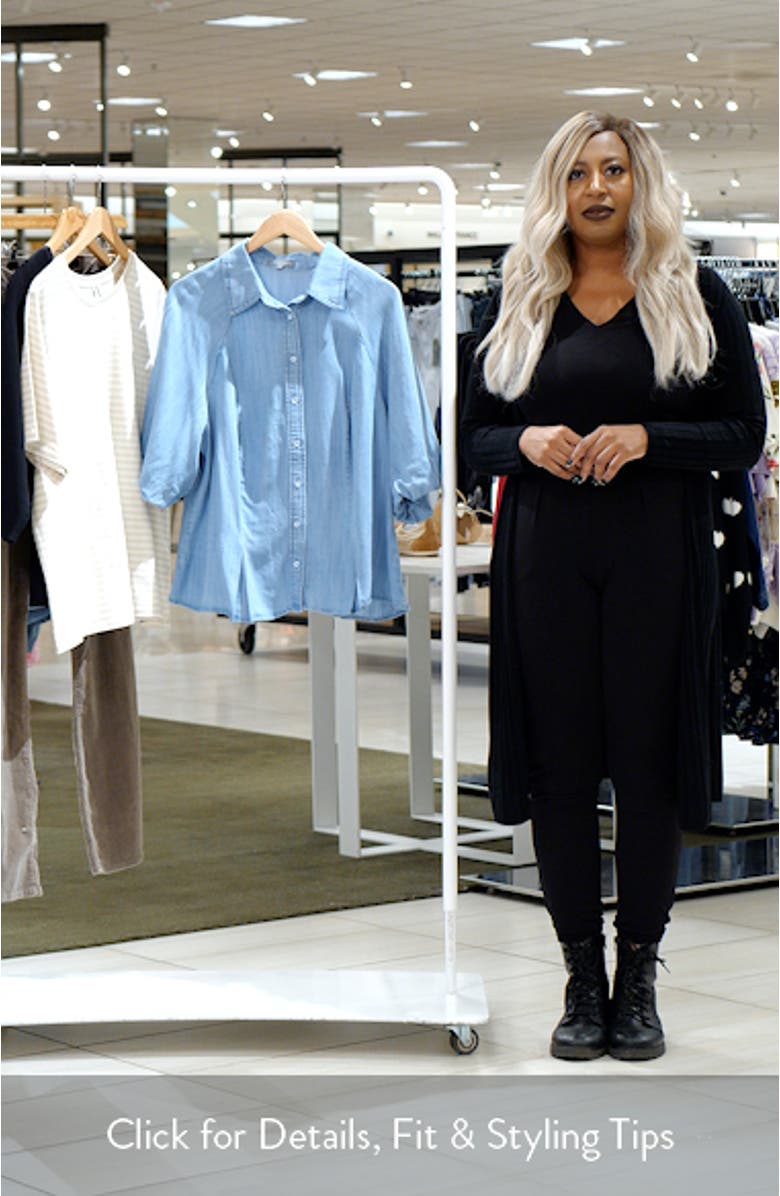 Bubble Sleeve Flare Button-Up Chambray Top, sales video thumbnail