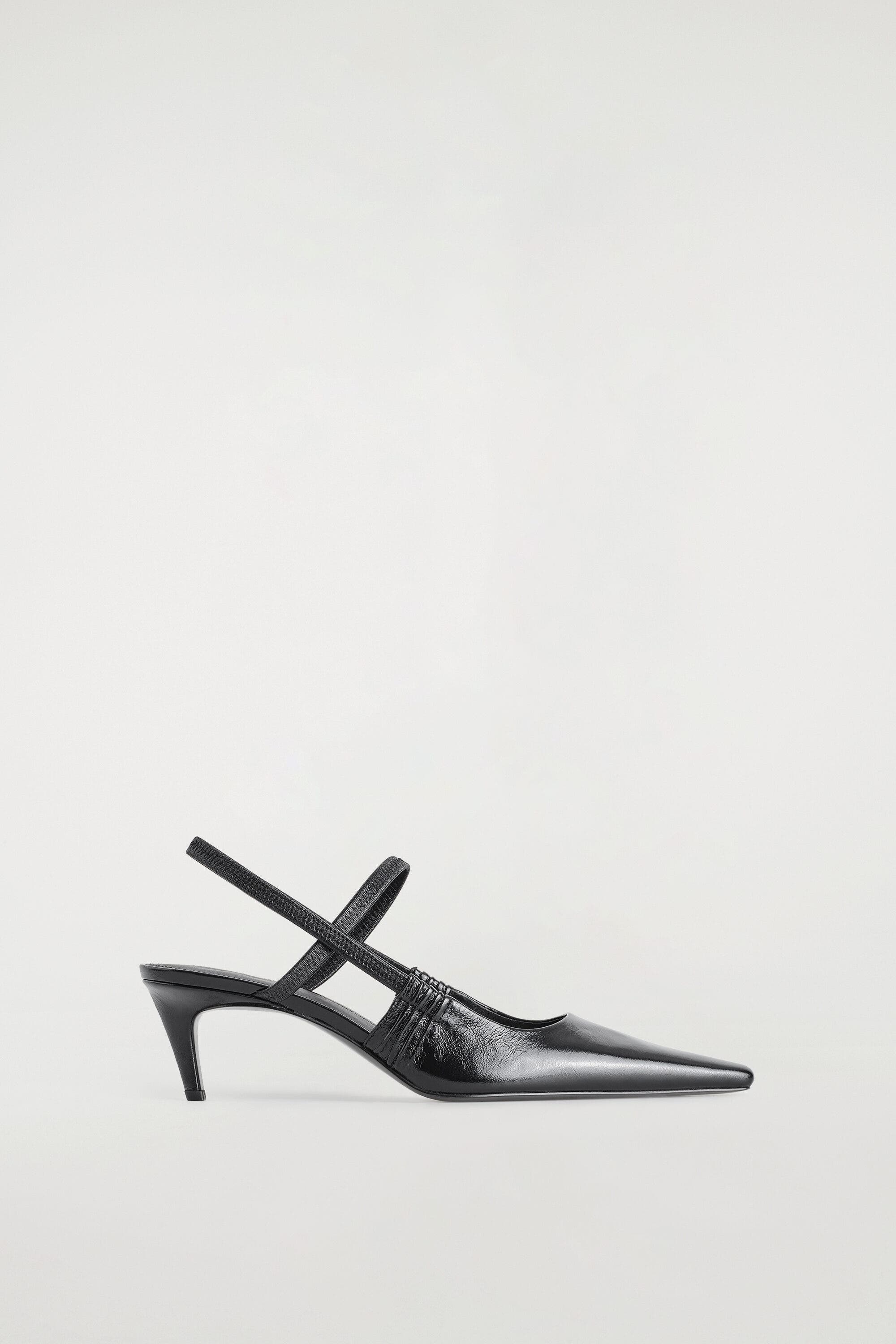 Pointed Leather Slingback Kitten Heels, Main, color, BLACK