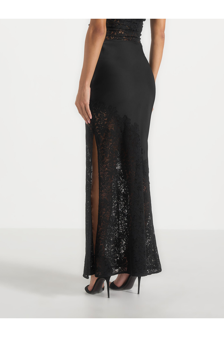 Belle Satin Lace Maxi Skirt, Alternate, color, Black