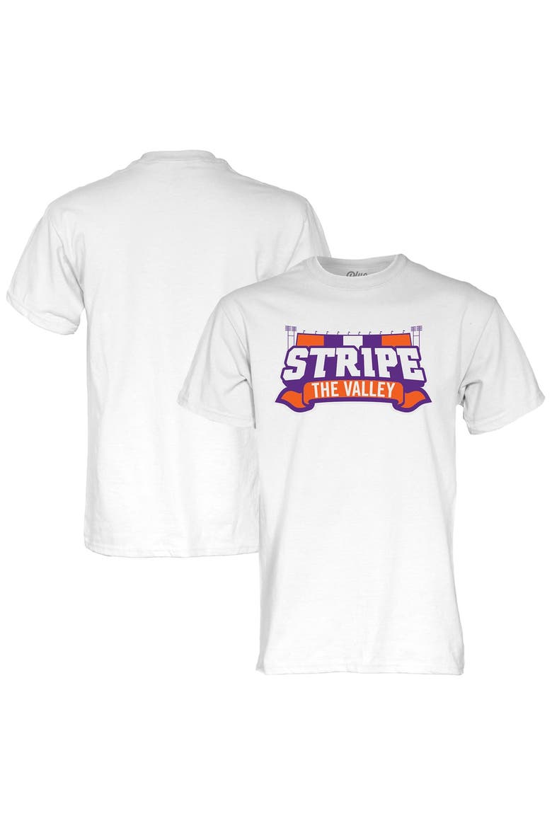 Unisex Blue 84 White Clemson Tigers Stripe the Valley T-Shirt, Main, color, White