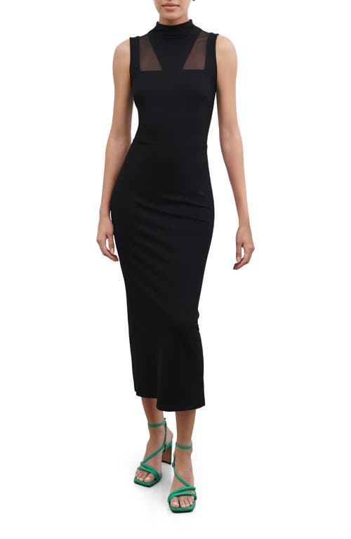 Marcella Amelia Ponte & Mesh Funnel Neck Midi Dress In Black