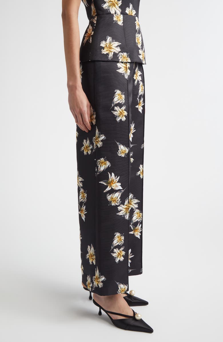 Emilia Wickstead Daffy Floral Faille Wide Leg Pants, Alternate, color, Festive Lilies Black Yellow