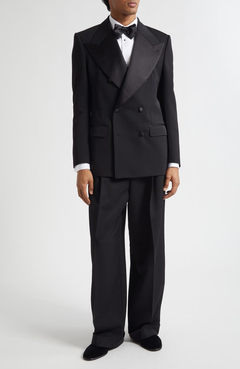 Dolce&Gabbana Pleated Wool & Silk Blend Gabardine Wide Leg Tuxedo Trousers, Alternate, color, N0000 Nero