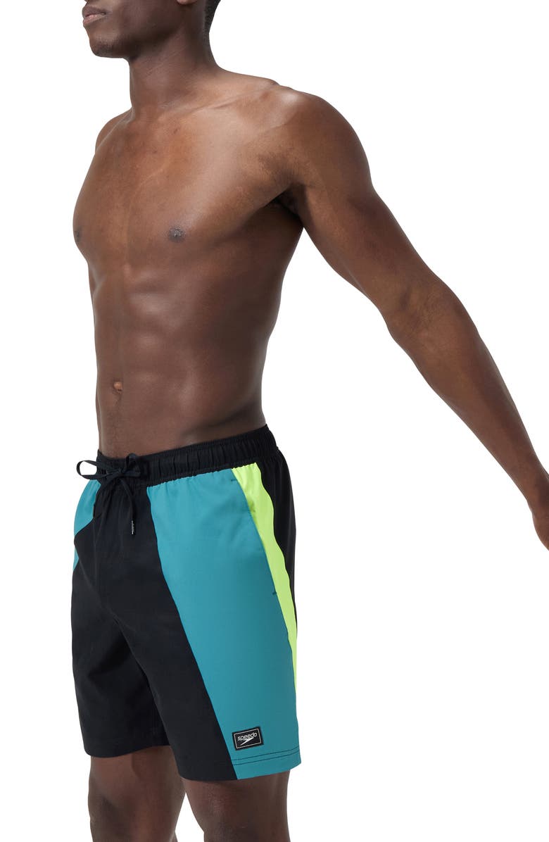 Speedo<sup>®</sup> Redondo Edge Colorblock Volley Swim Trunks, Alternate, color, Black