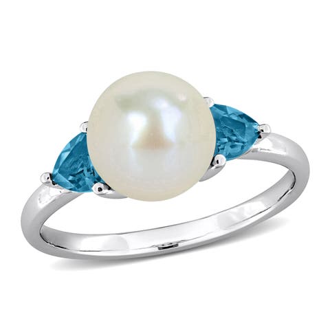 Cultured Pearl & Blue Topaz 3-Stone Ring 10k