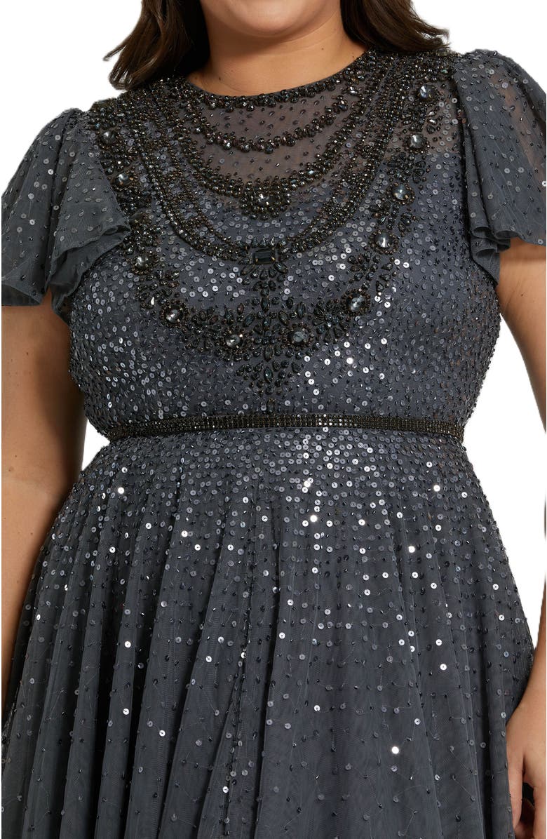 Mac Duggal Sheer Flutter Sleeve Beaded Fluffy Net Gown, Alternate, color, Charcoal