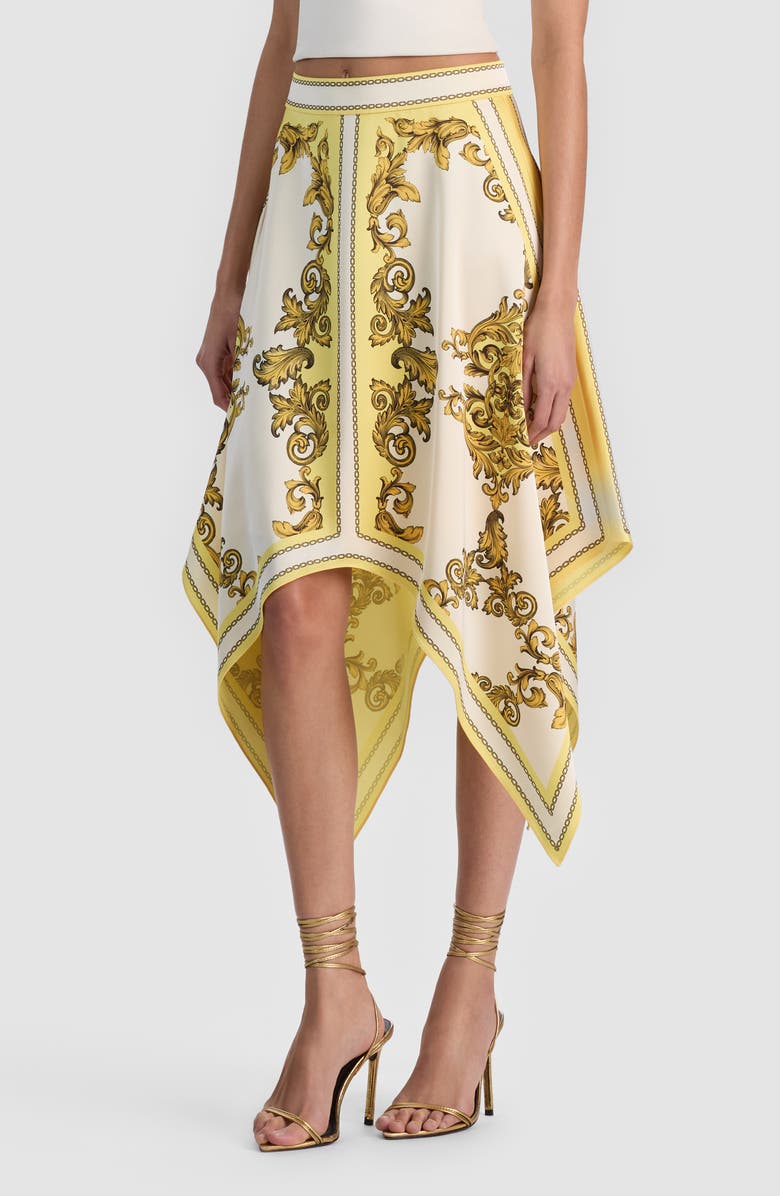 Alice + Olivia Davina Print Handkerchief Hem Skirt, Alternate, color, Golden Coast