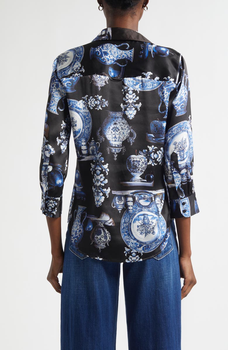 L'AGENCE Dani Pottery Print Silk Button-Up Shirt, Alternate, color, Black/ Blue Porcelain Print