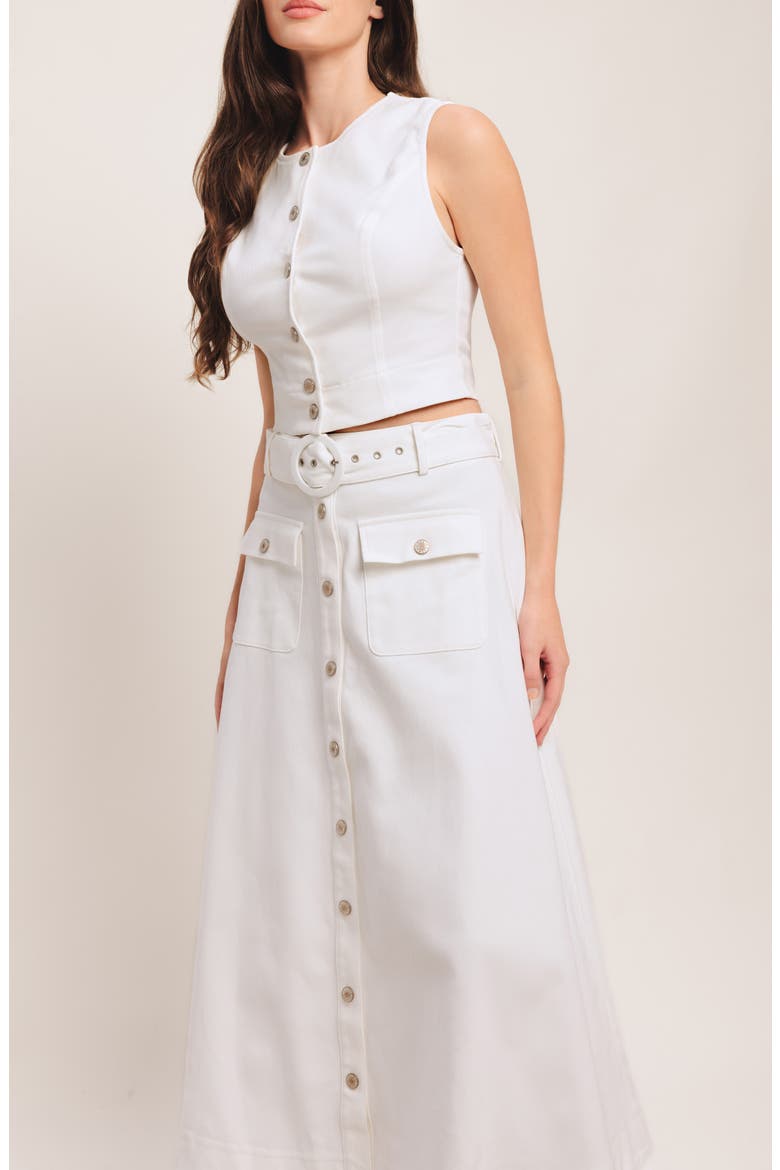 Belted Button Front Denim Midi Skirt, Alternate, color, WHITE DENIM