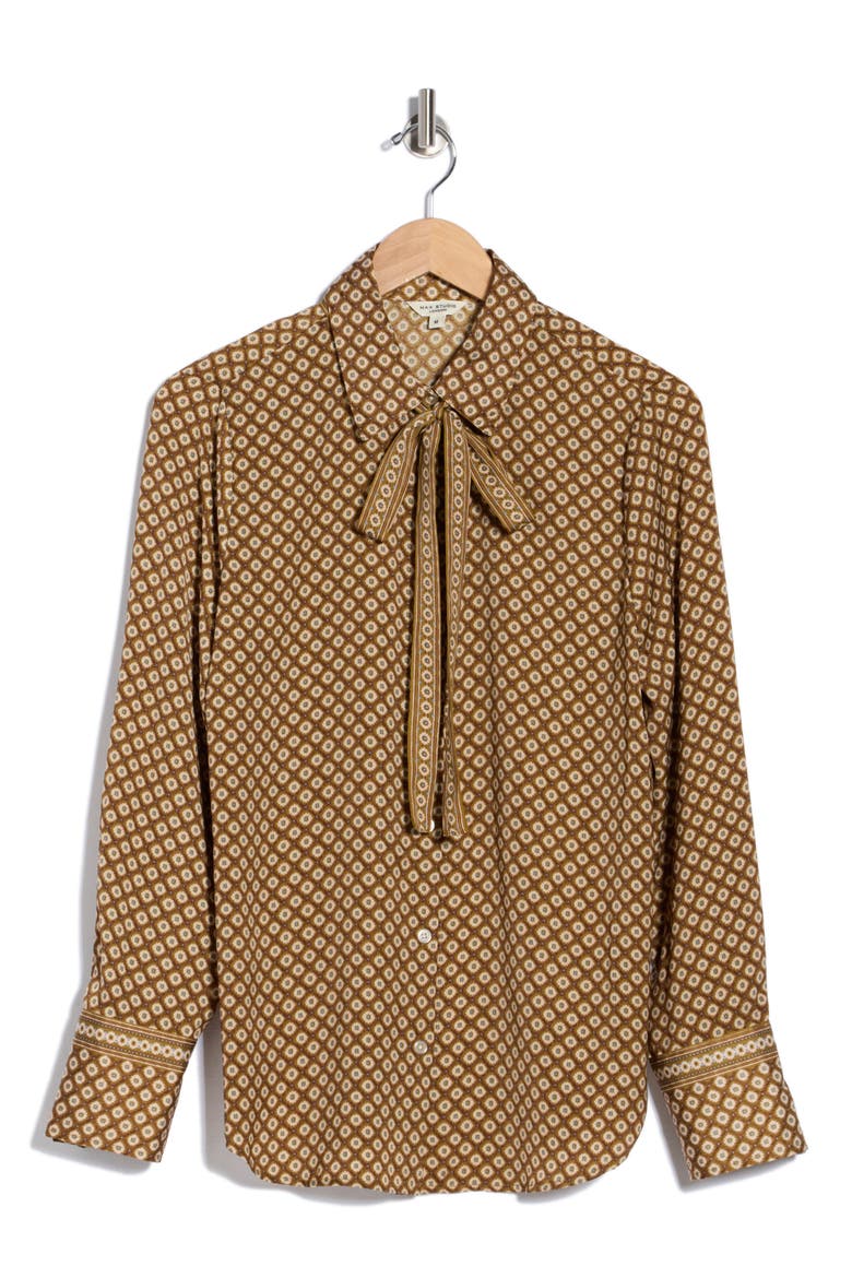 Satin Tie Neck Button-Up Shirt, Alternate, color, BRONZE SMALL FLORETTE STAMPS