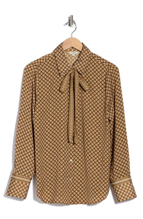 Satin Tie Neck Button-Up Shirt