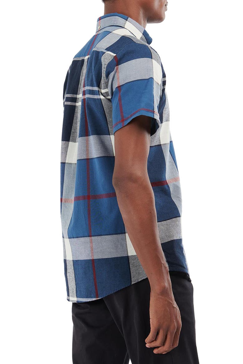 Men's Douglas Tailored Fit Plaid Short Sleeve Cotton & Linen Button-Down Shirt, Alternate, color, SUMMER NAVY