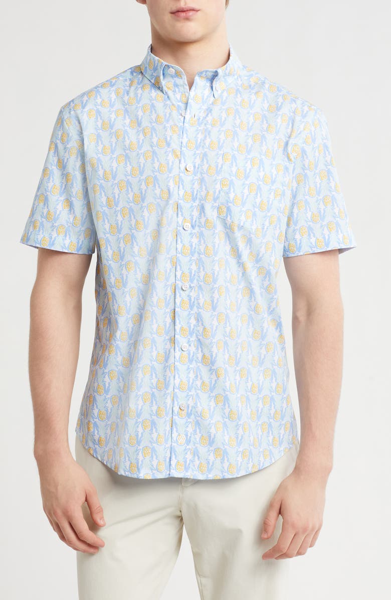 Johnston & Murphy Pineapple Print Short Sleeve Cotton Button-Down Shirt, Main, color, White