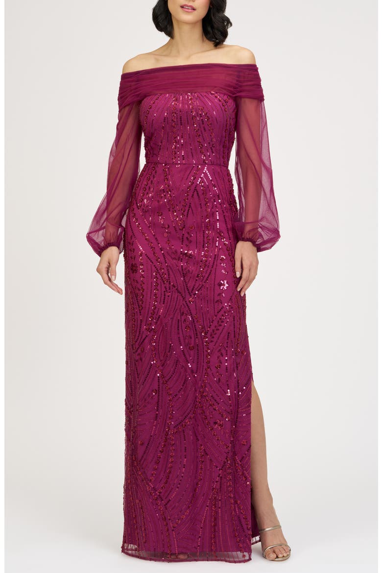 JS Collections Savannah Embellished Off the Shoulder Long Sleeve Chiffon Column Gown (Women)