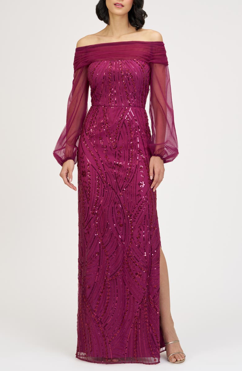 JS Collections Savannah Embellished Off the Shoulder Long Sleeve Chiffon Column Gown, Main, color, Raspberry