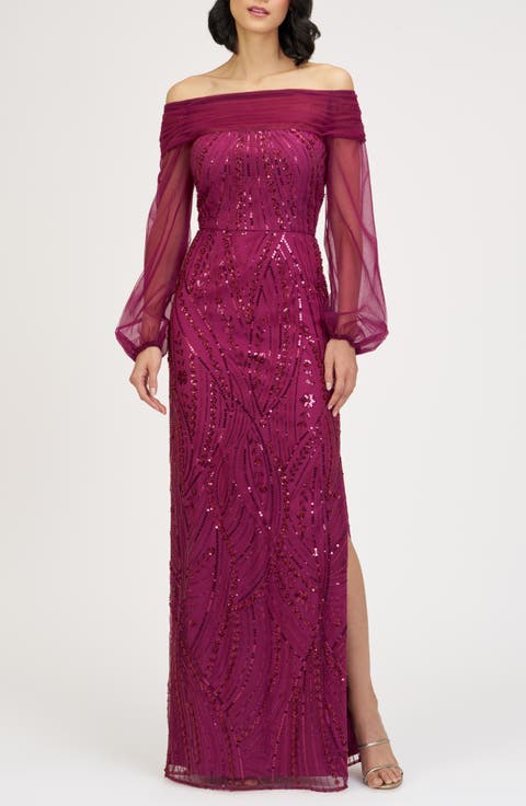 Savannah Embellished Off the Shoulder Long Sleeve Chiffon Column Gown