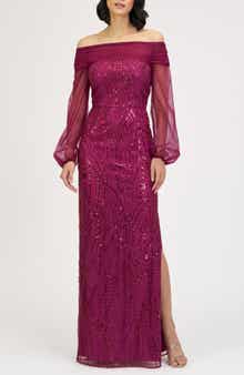 JS Collections Savannah Embellished Off the Shoulder Long Sleeve Chiffon Column Gown