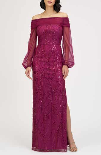 JS Collections Savannah Embellished Off the Shoulder Long Sleeve Chiffon Column Gown