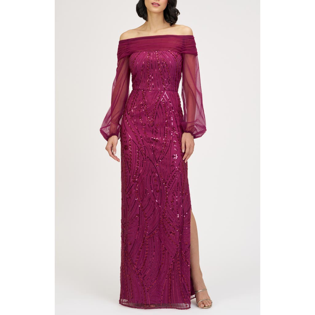 Js Collections Savannah Embellished Off The Shoulder Long Sleeve Chiffon Column Gown In Pink
