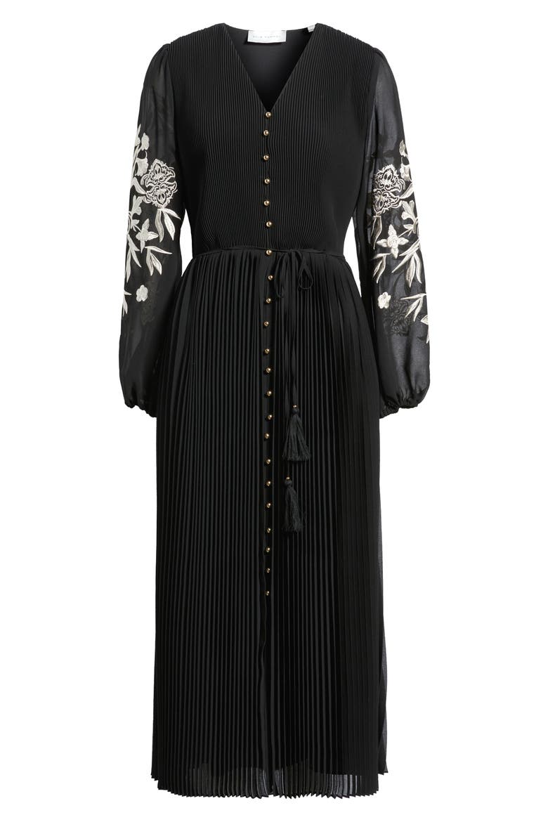 The Amanda Embroidered Long Sleeve Satin Dress, Alternate, color, NOIR