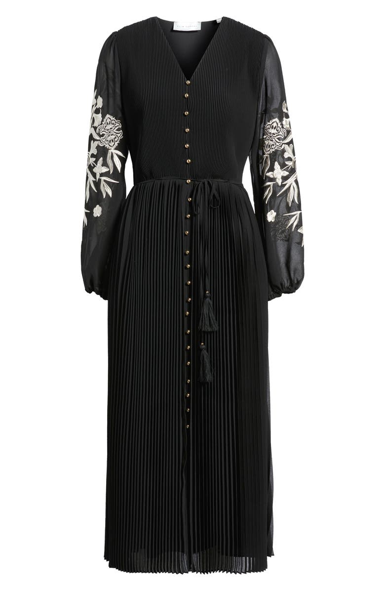 Elie Tahari The Amanda Embroidered Long Sleeve Satin Dress, Alternate, color,