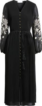 Elie Tahari The Amanda Embroidered Long Sleeve Satin Dress
