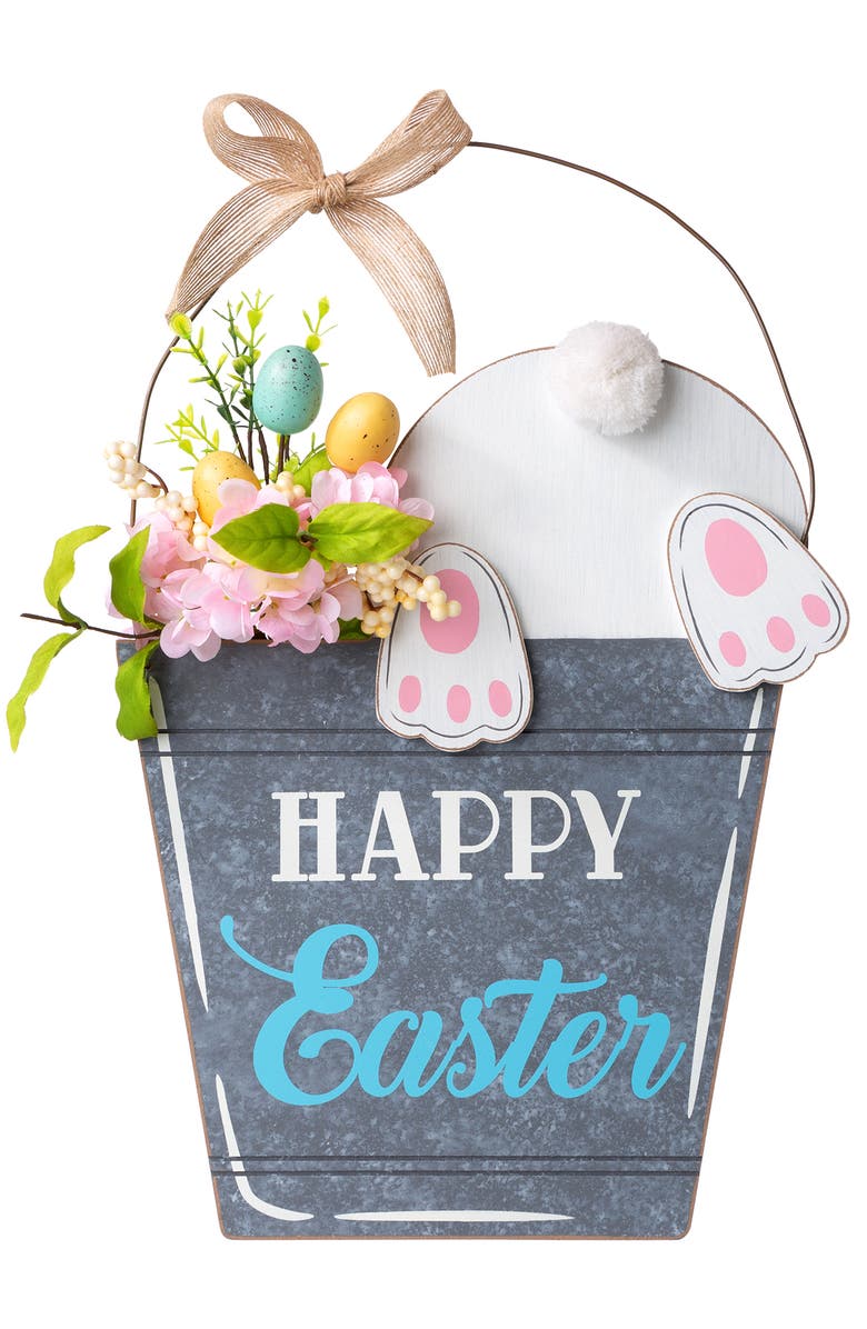 Glitzhome 18"H Easter Wooden Bunny Eggs Door Hanger, Main, color, Blue