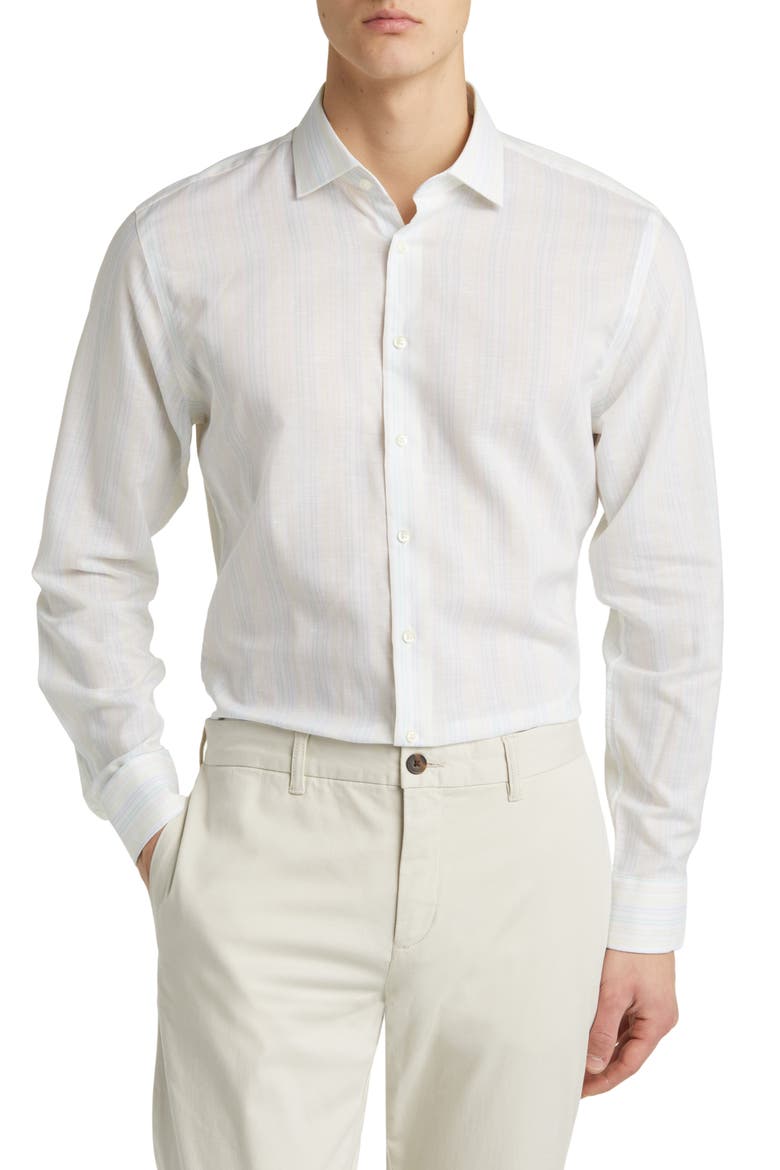 Men's Trim Fit Non-Iron Stripe Dress Shirt, Main, color, BLUE SKYWAY TONAL FADED STRIPE