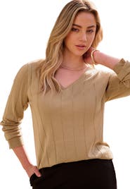 Roaman's Plus Size Drop Needle V Neck Lightweight Sweater Knit