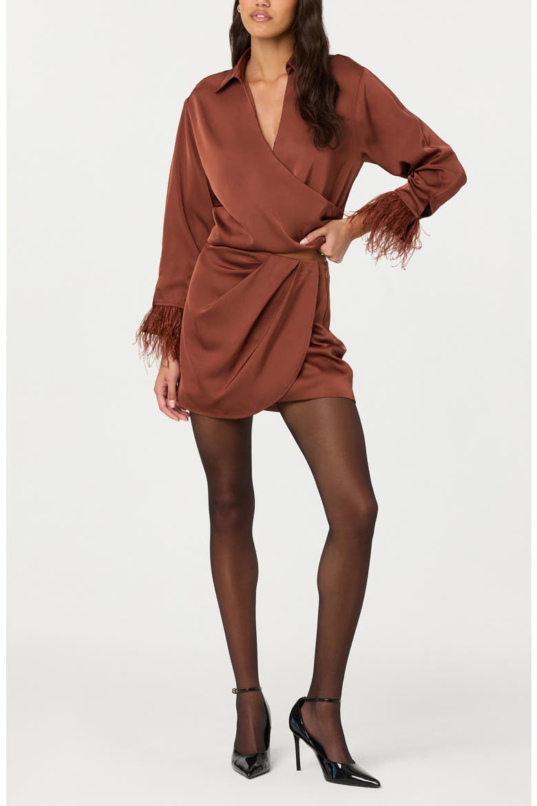 Catrina Feather Accent Surplice Satin Top, Alternate, color, RUST BROWN
