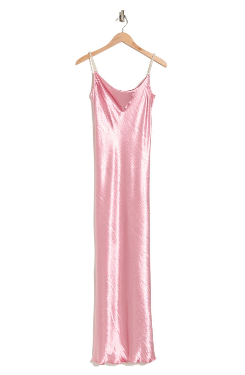 bebe Imitation Pearl Strap Hammered Satin Maxi Slipdress, Alternate, color, Rose