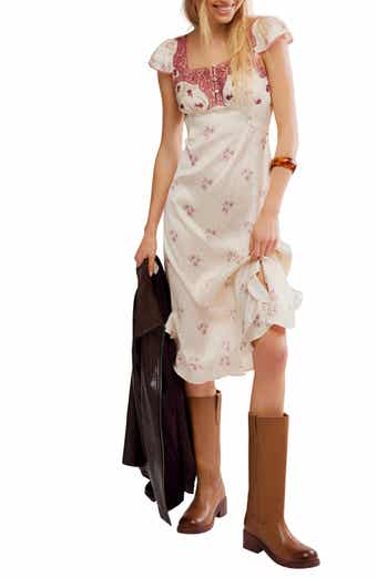 Free People Haven Embroidered Lace Trim Satin Midi Dress