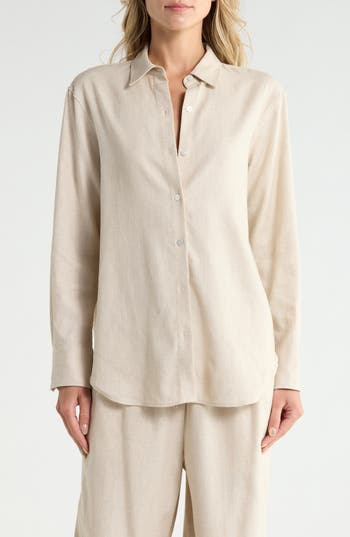 Theory Linen Blend Boyfriend Shirt in Stoneware at Nordstrom Rack, Size Large