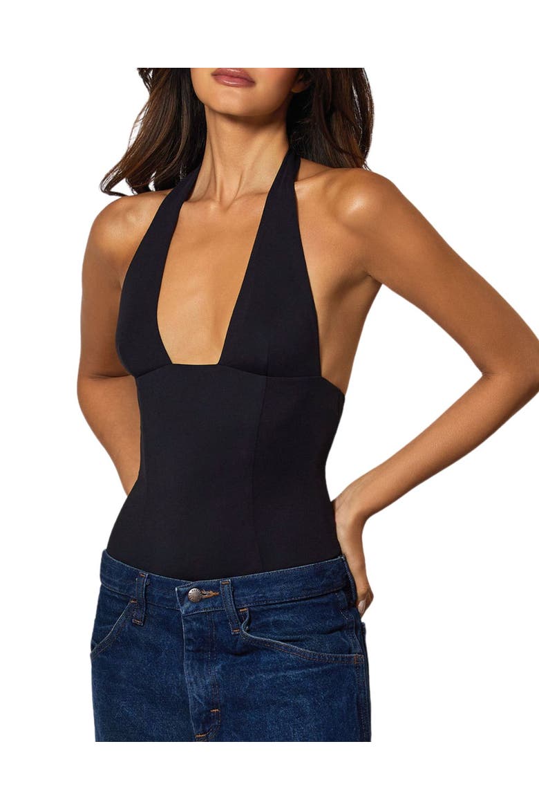 Echauffe Halter Bodysuit, Main, color, BLACK
