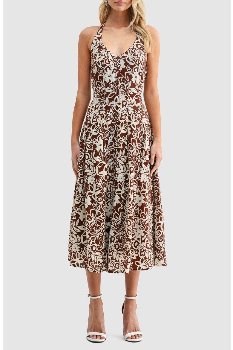 Floral Halter Neck Button Front Midi Dress, Main, color, BROWN CREAM FLORAL