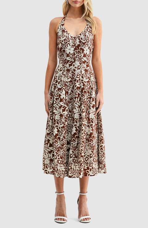 Floral Halter Neck Button Front Midi Dress