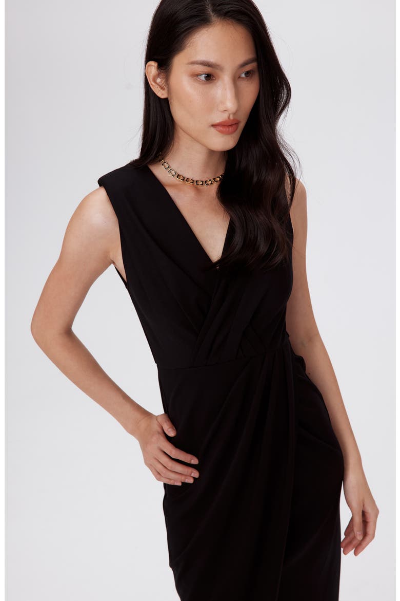 Hallie Sleeveless Faux Wrap Midi Dress, Alternate, color, BLACK