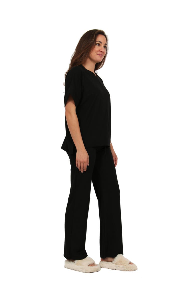 24seven Comfort Apparel Womens Basic Ribbed Knit Dolman Sleeve V-Neck Top and Drawstring Wide Leg Pant Set, Alternate, color, Black