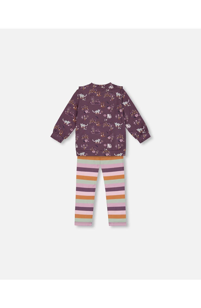 Deux par Deux Little Girl's Tunic Mauve Printed Cats And Striped Leggings Set, Alternate, color, 